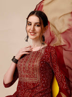 Bandhni Printed & Embroidered Kurta With Pant And Dupatta Set, Multicolor - Hiral Fashion - Distacart
