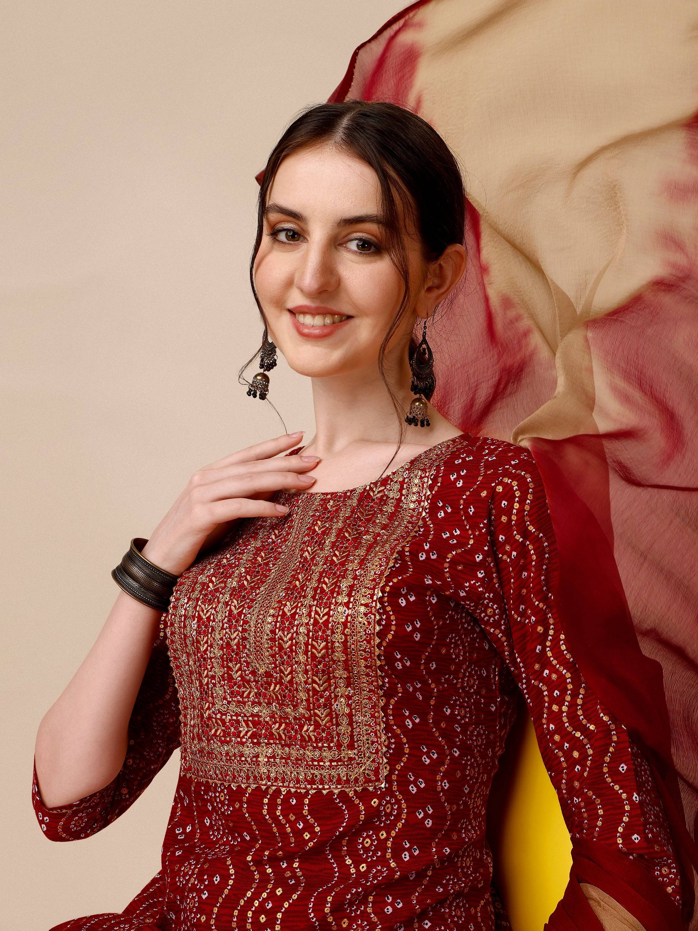 Bandhni Printed & Embroidered Kurta With Pant And Dupatta Set, Multicolor - Hiral Fashion - Distacart
