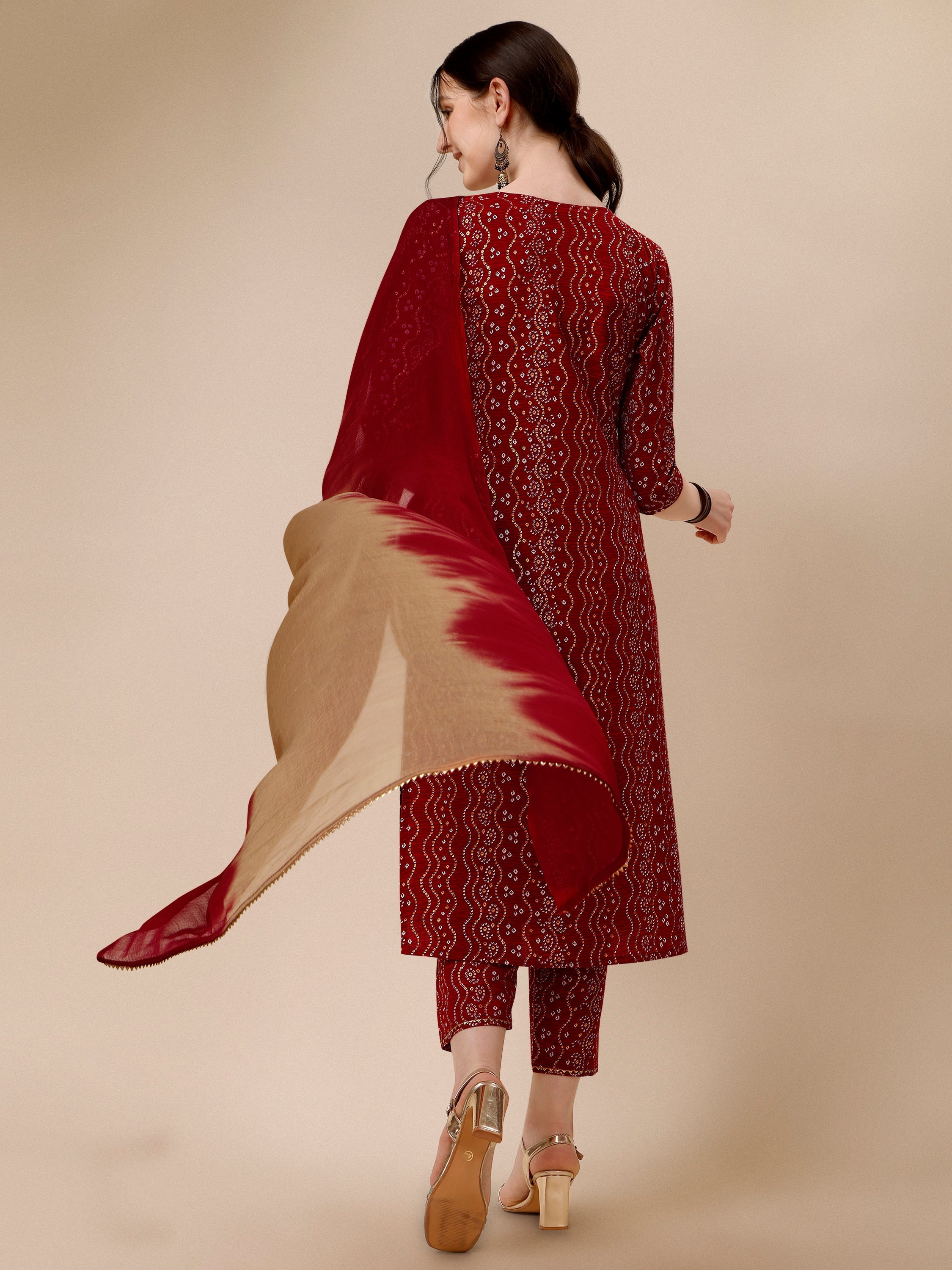 Bandhni Printed & Embroidered Kurta With Pant And Dupatta Set, Multicolor - Hiral Fashion - Distacart
