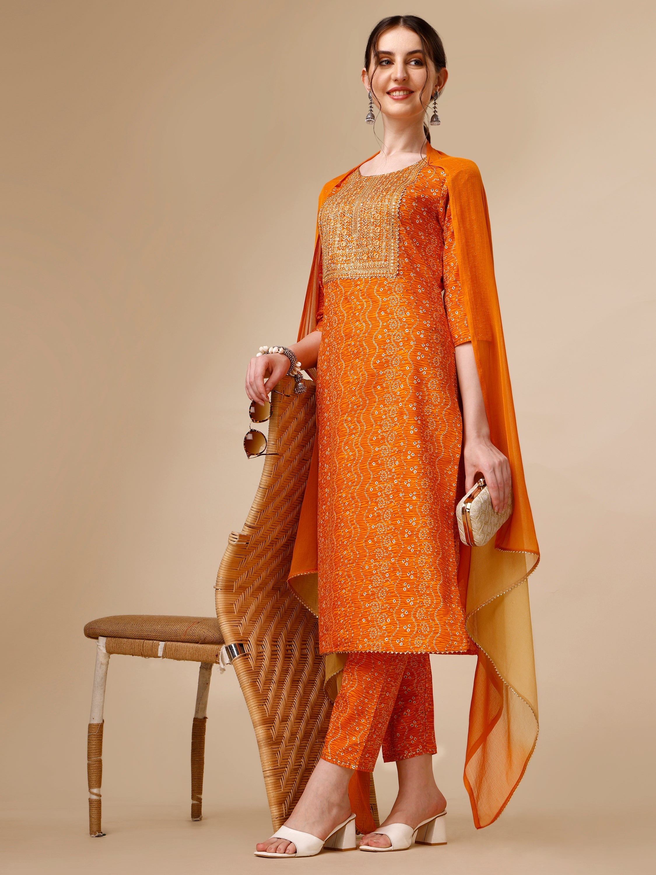 Bandhni Printed & Embroidered Kurta With Pant And Dupatta Set, Multicolor - Hiral Fashion - Distacart