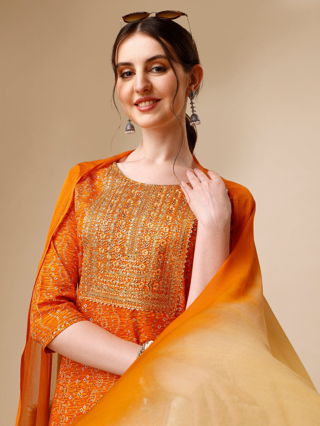 Bandhni Printed & Embroidered Kurta With Pant And Dupatta Set, Multicolor - Hiral Fashion - Distacart