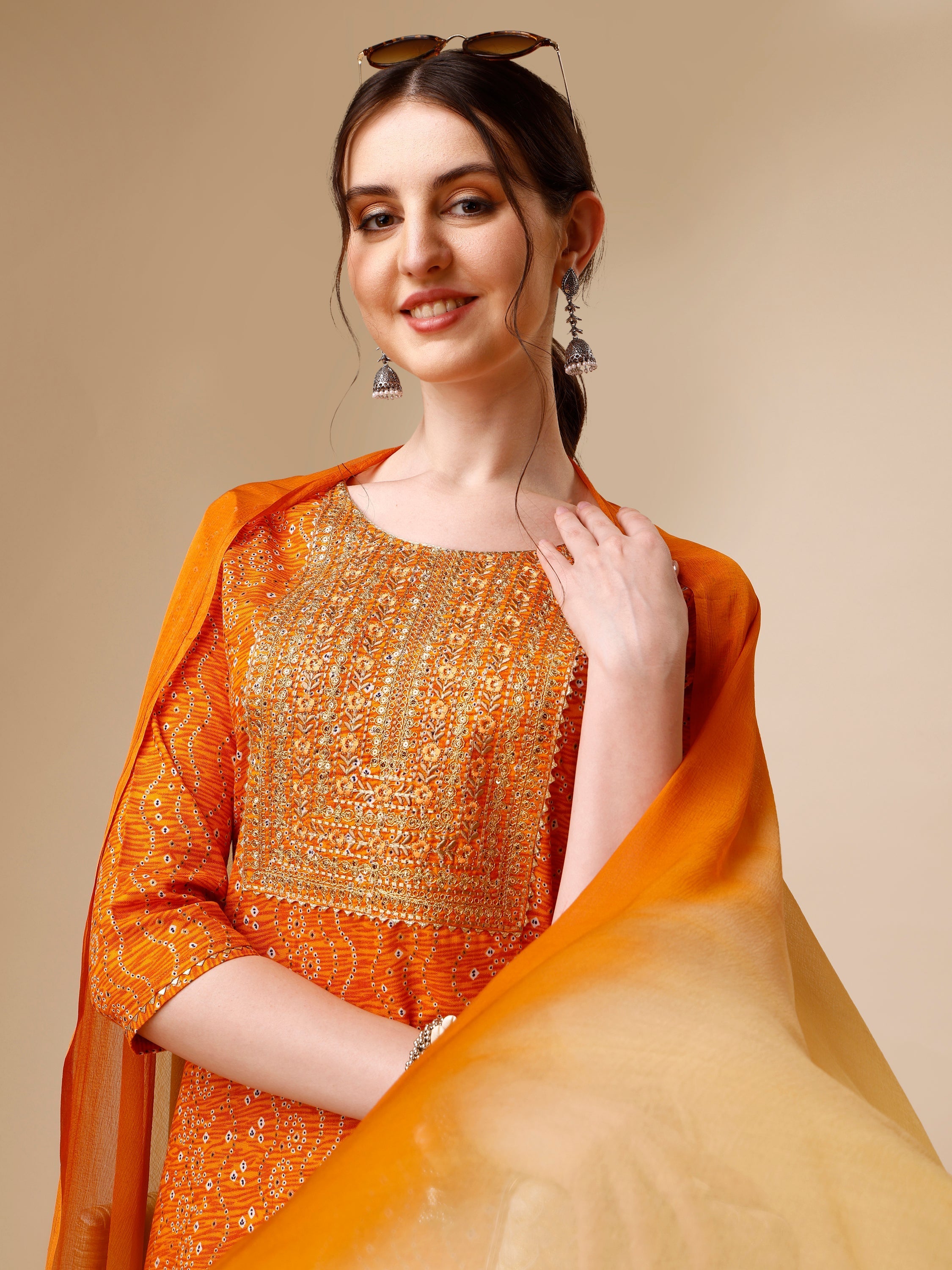 Bandhni Printed & Embroidered Kurta With Pant And Dupatta Set, Multicolor - Hiral Fashion - Distacart