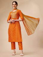 Bandhni Printed & Embroidered Kurta With Pant And Dupatta Set, Multicolor - Hiral Fashion - Distacart