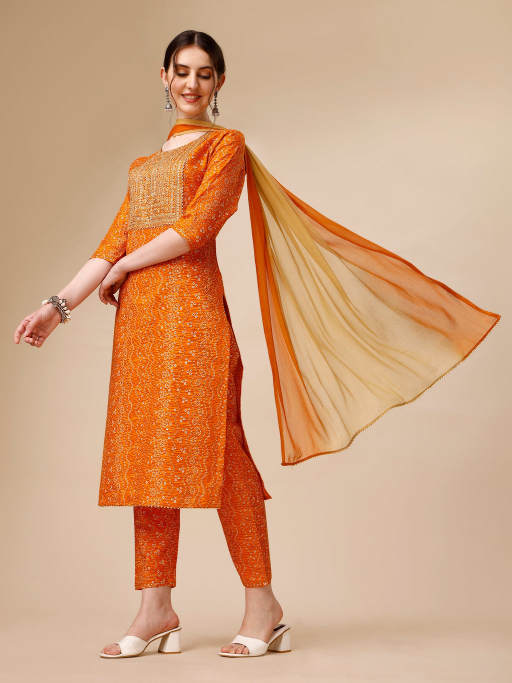 Bandhni Printed & Embroidered Kurta With Pant And Dupatta Set, Multicolor - Hiral Fashion - Distacart
