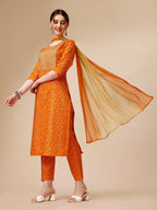 Bandhni Printed & Embroidered Kurta With Pant And Dupatta Set, Multicolor - Hiral Fashion - Distacart
