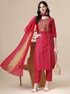 Bandhani Printed & Embroidered Kurta With Pant & Dupatta Set, Multicolor - Hiral Fashion - Distacart