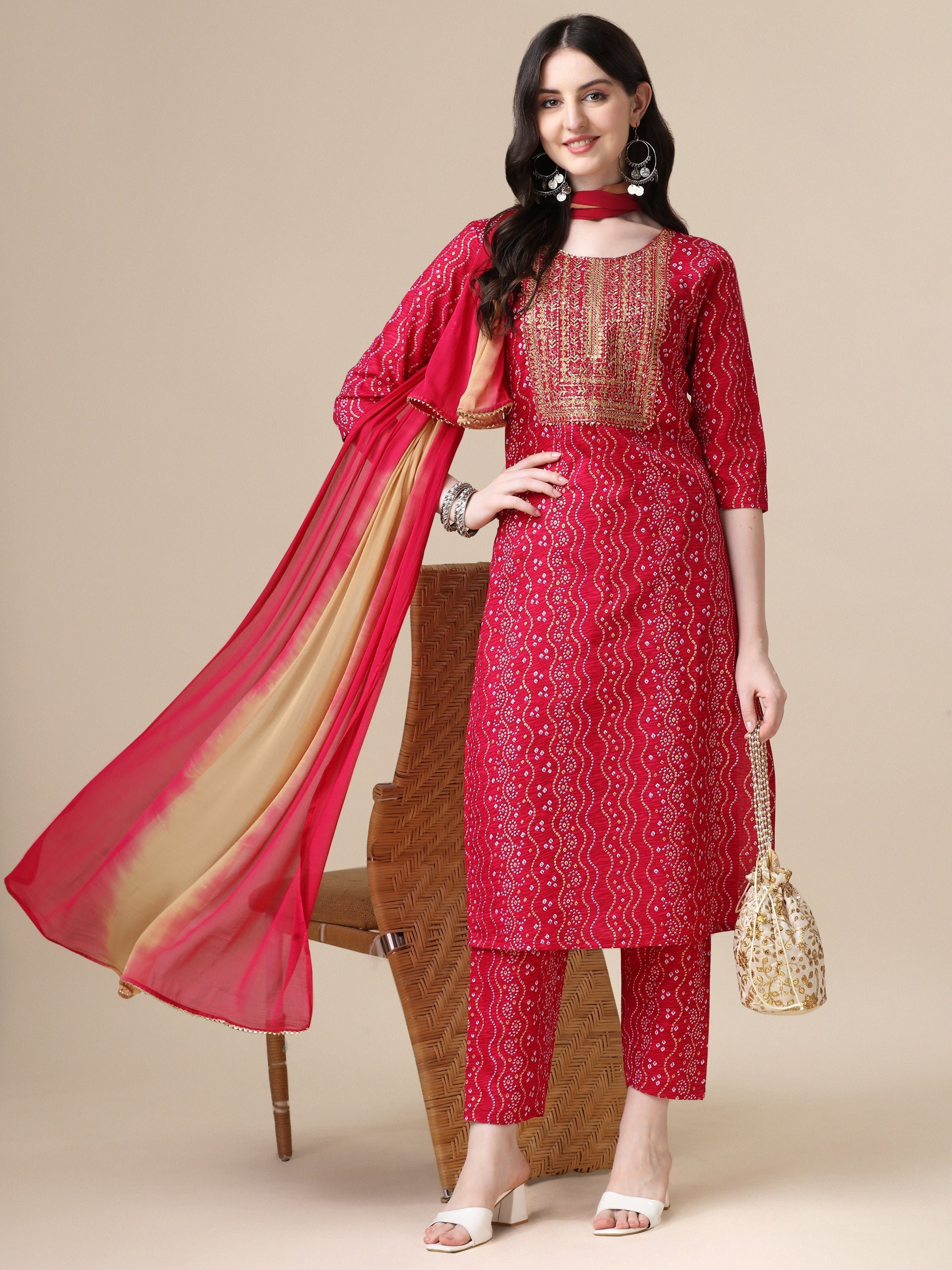 Bandhani Printed & Embroidered Kurta With Pant & Dupatta Set, Multicolor - Hiral Fashion - Distacart