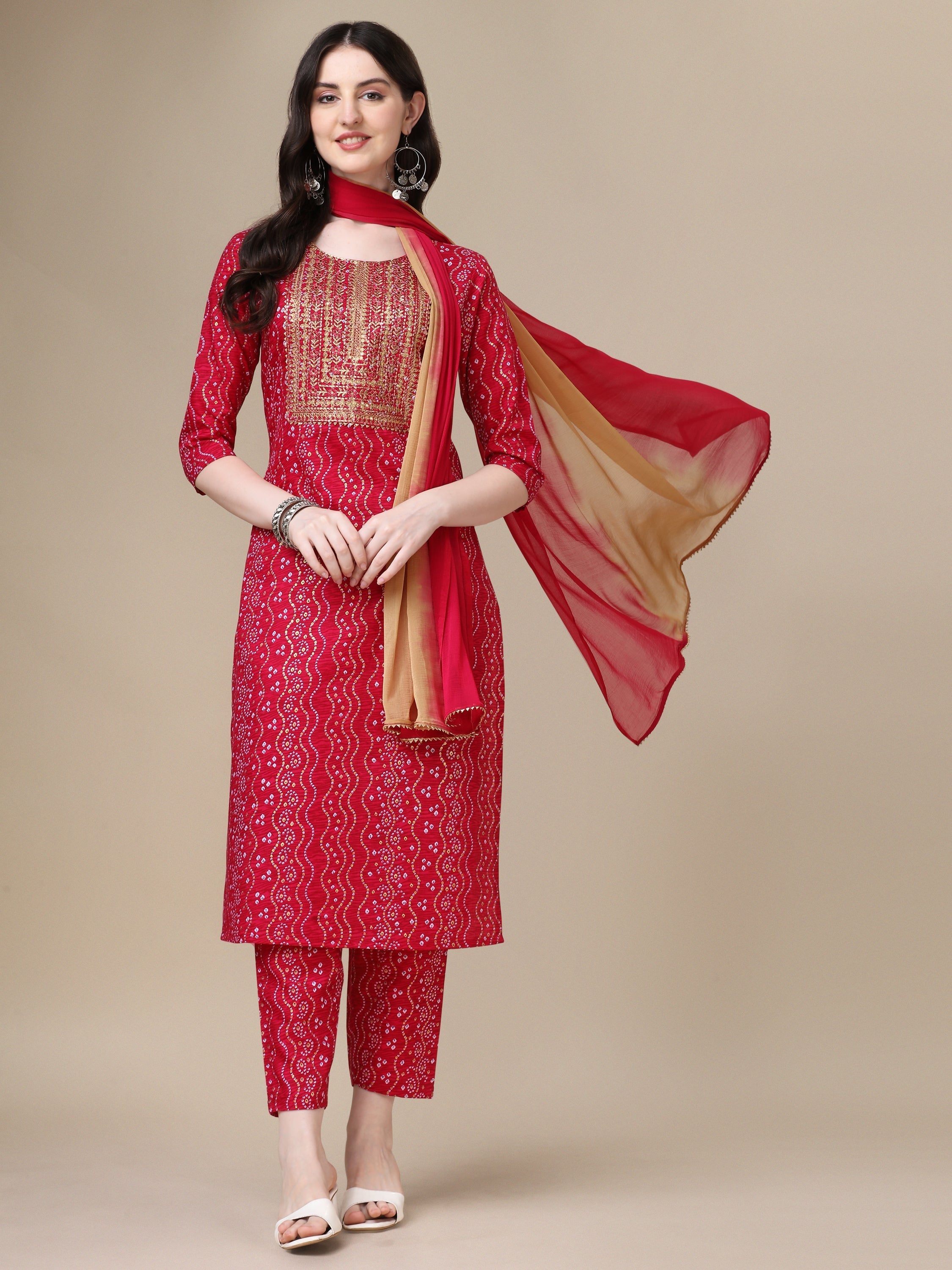 Bandhani Printed & Embroidered Kurta With Pant & Dupatta Set, Multicolor - Hiral Fashion - Distacart