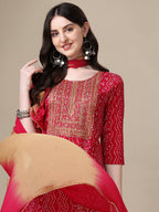 Bandhani Printed & Embroidered Kurta With Pant & Dupatta Set, Multicolor - Hiral Fashion - Distacart