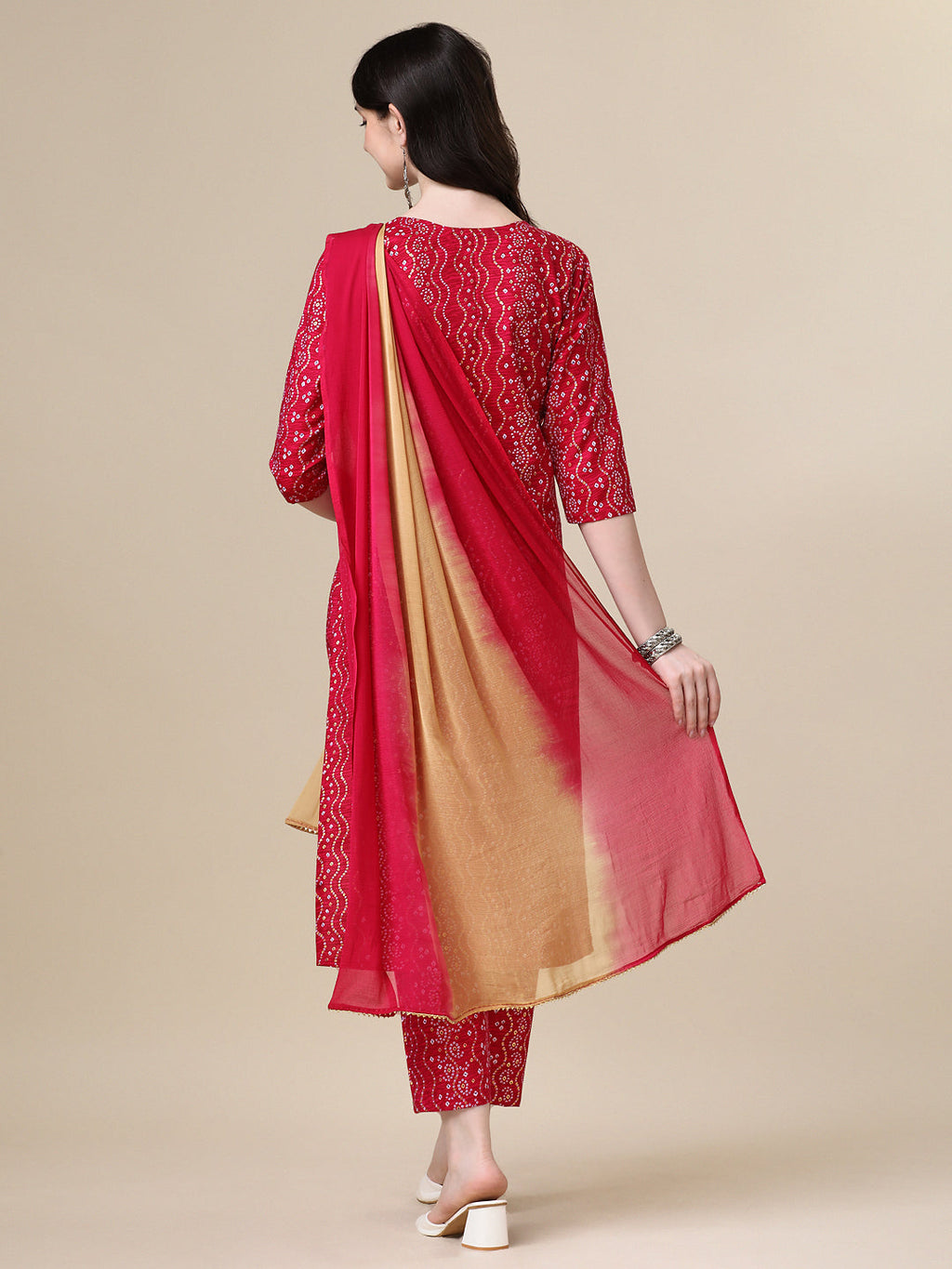 Bandhani Printed & Embroidered Kurta With Pant & Dupatta Set, Multicolor - Hiral Fashion - Distacart