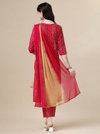 Bandhani Printed & Embroidered Kurta With Pant & Dupatta Set, Multicolor - Hiral Fashion - Distacart