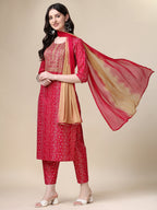 Bandhani Printed & Embroidered Kurta With Pant & Dupatta Set, Multicolor - Hiral Fashion - Distacart