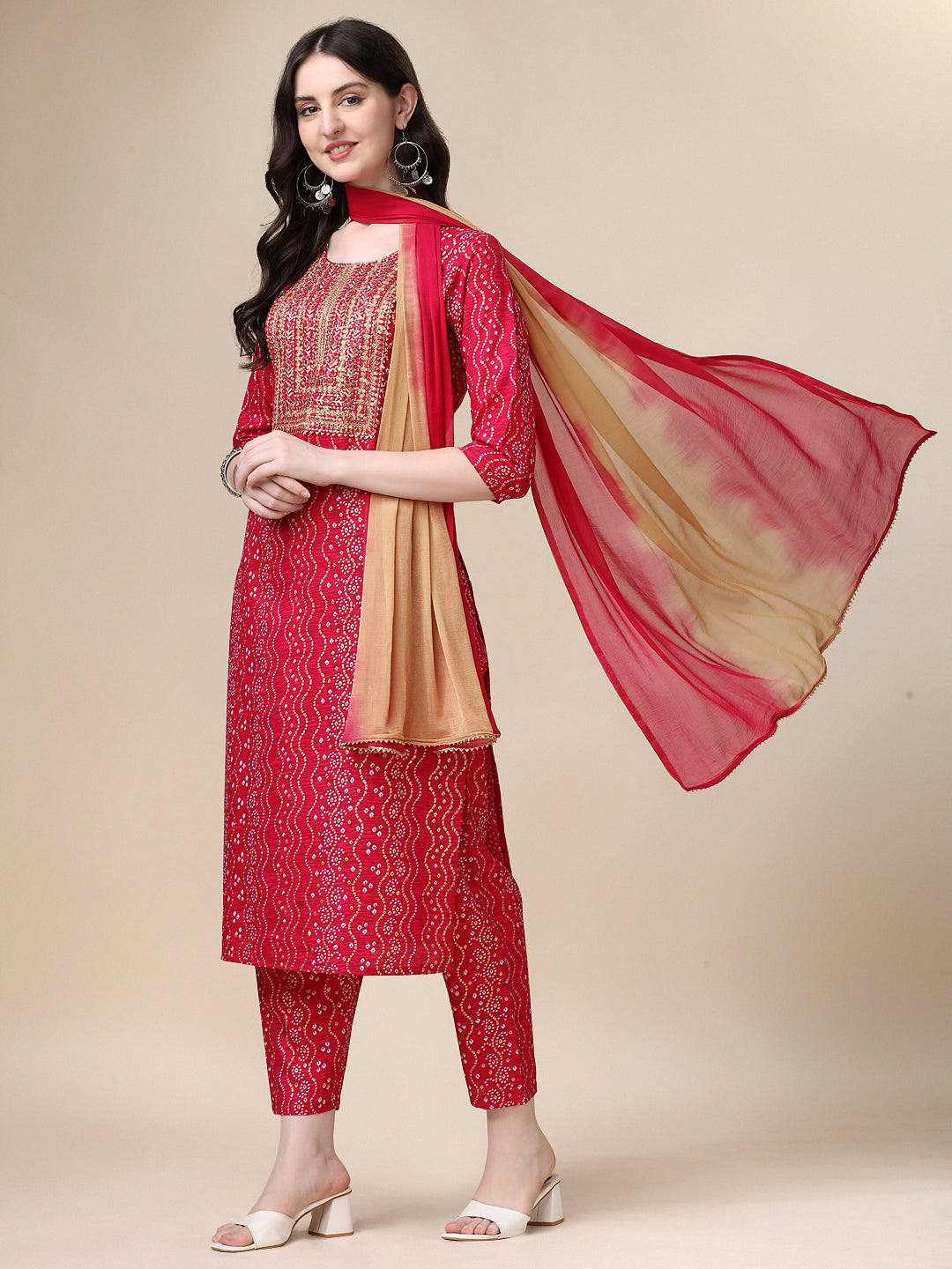 Bandhani Printed & Embroidered Kurta With Pant & Dupatta Set, Multicolor - Hiral Fashion - Distacart