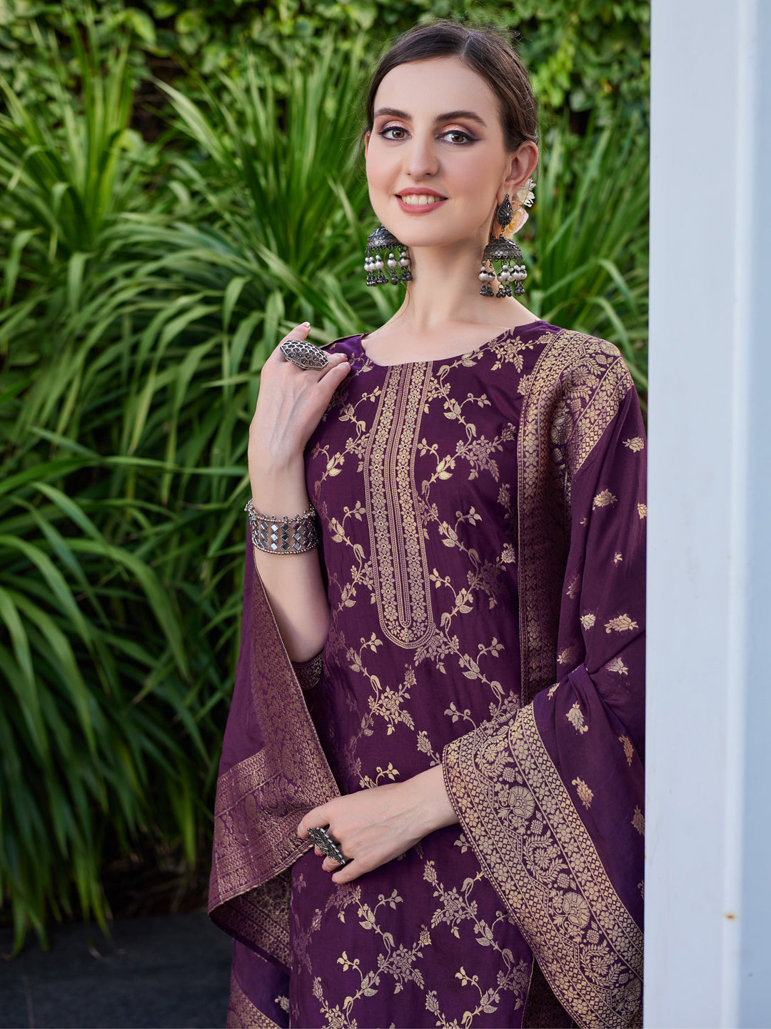 Pure Muslin Jacquard Banarasi Kurta With Pant & Dupatta Premium, Multicolor - Hiral Fashion - Distacart