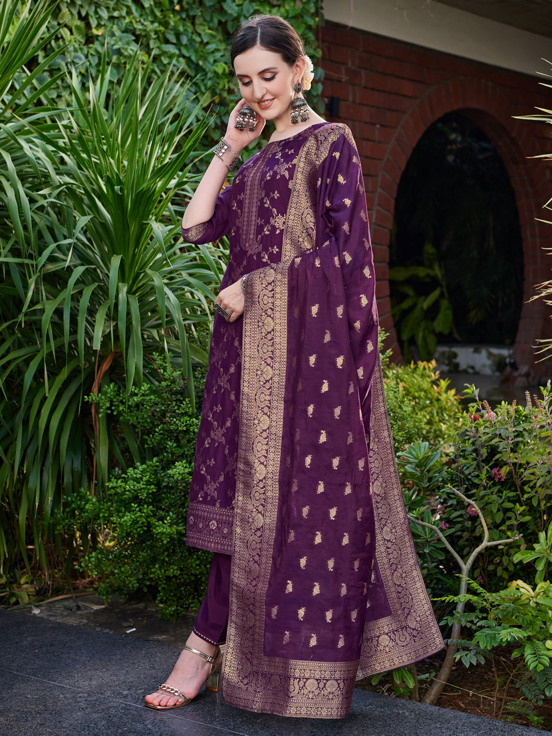 Pure Muslin Jacquard Banarasi Kurta With Pant & Dupatta Premium, Multicolor - Hiral Fashion - Distacart