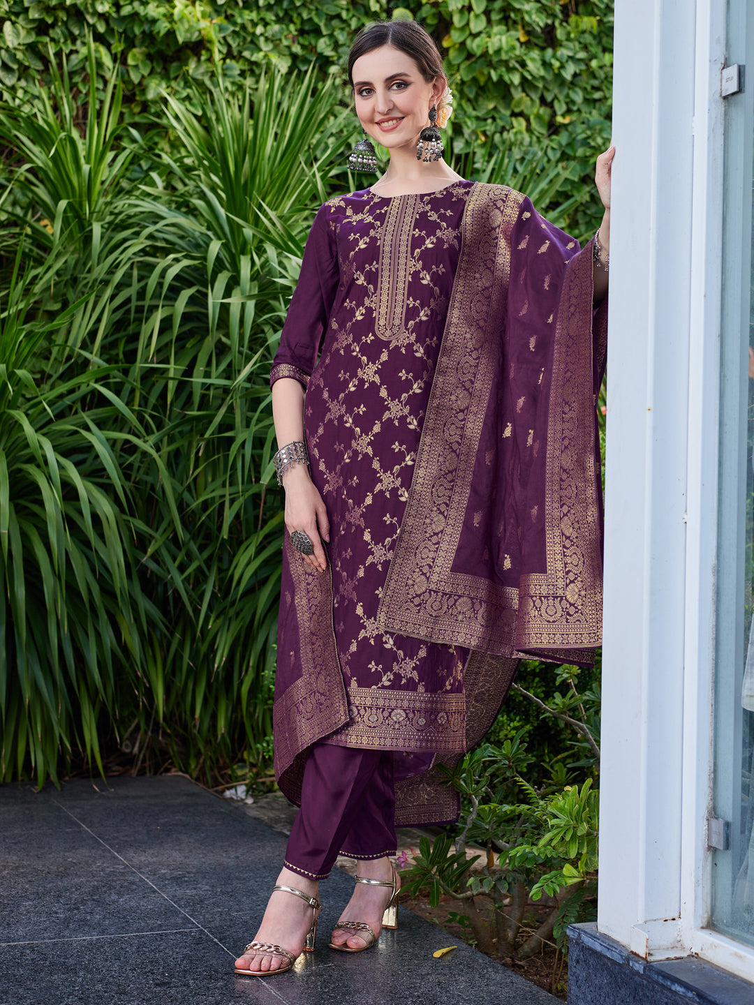 Pure Muslin Jacquard Banarasi Kurta With Pant & Dupatta Premium, Multicolor - Hiral Fashion - Distacart