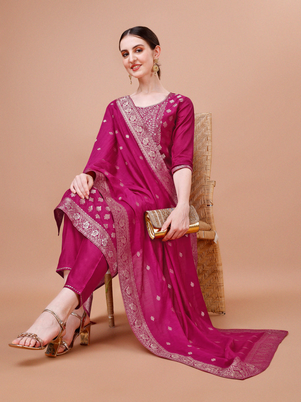 Pure Muslin Jacquard Kurta With Pant And Dupatta Set Premium, Multicolor - Hiral Fashion - Distacart