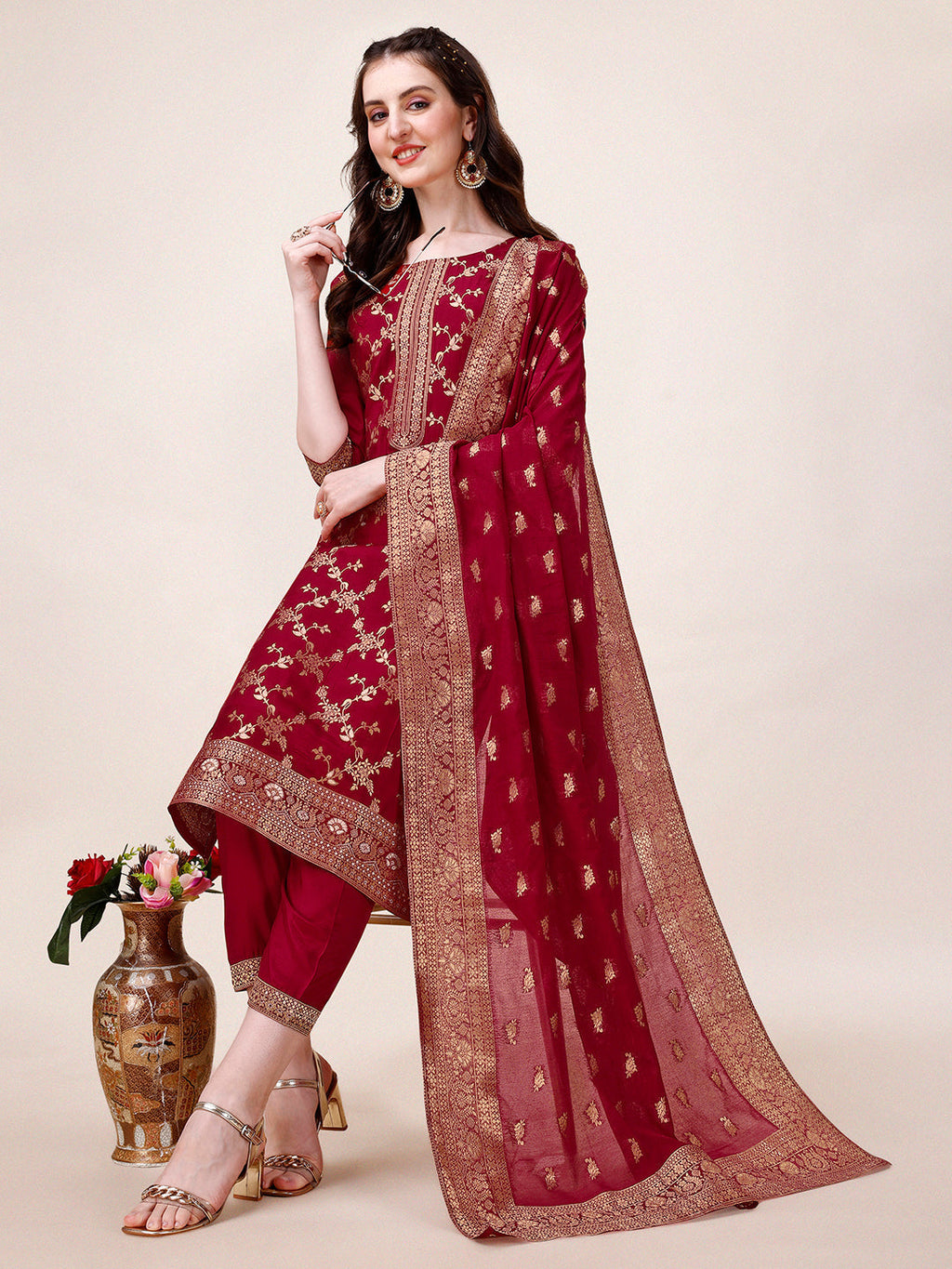 Pure Muslin Banarasi Jacquard Premium Kurta Trousers & Dupatta, Multicolor - Hiral Fashion - Distacart