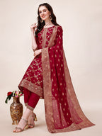 Pure Muslin Banarasi Jacquard Premium Kurta Trousers & Dupatta, Multicolor - Hiral Fashion - Distacart