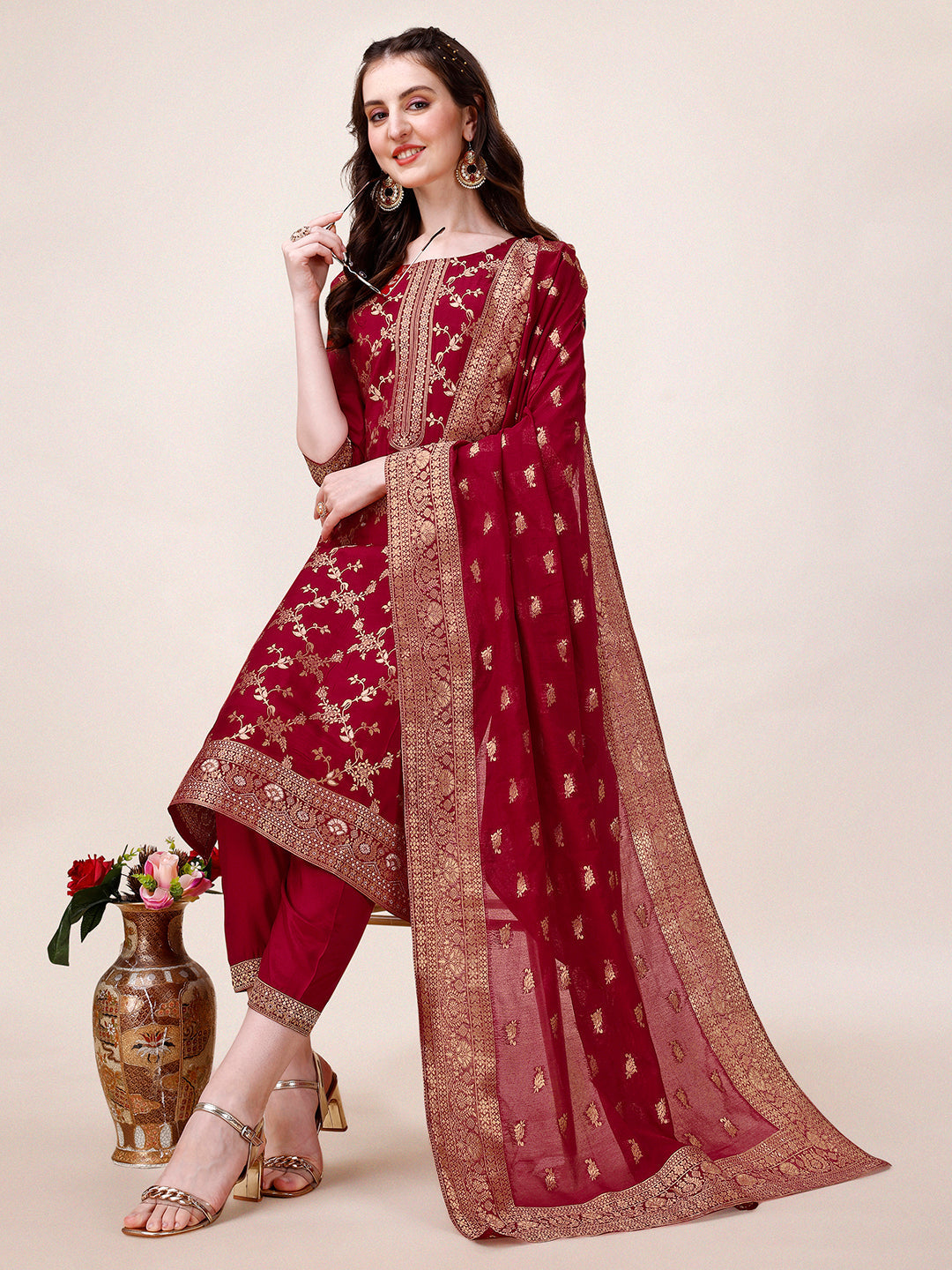 Pure Muslin Banarasi Jacquard Premium Kurta Trousers & Dupatta, Multicolor - Hiral Fashion - Distacart