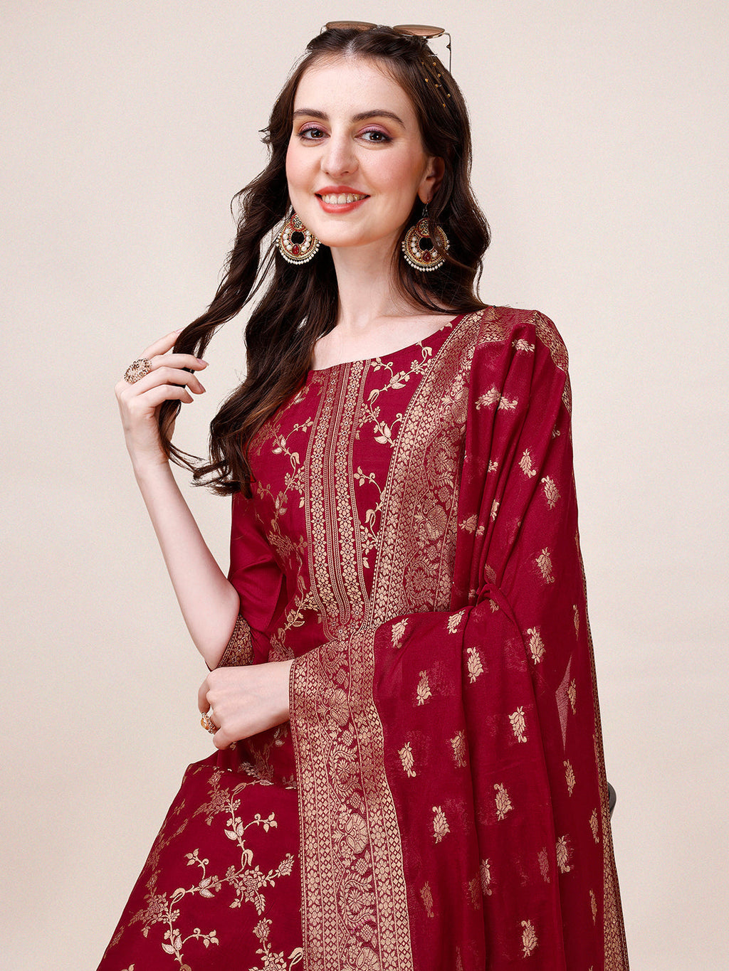 Pure Muslin Banarasi Jacquard Premium Kurta Trousers & Dupatta, Multicolor - Hiral Fashion - Distacart