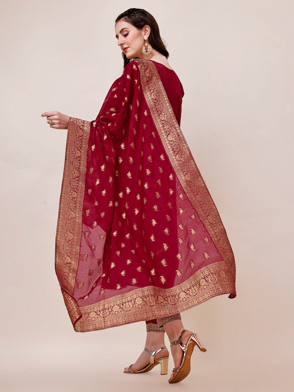 Pure Muslin Banarasi Jacquard Premium Kurta Trousers & Dupatta, Multicolor - Hiral Fashion - Distacart