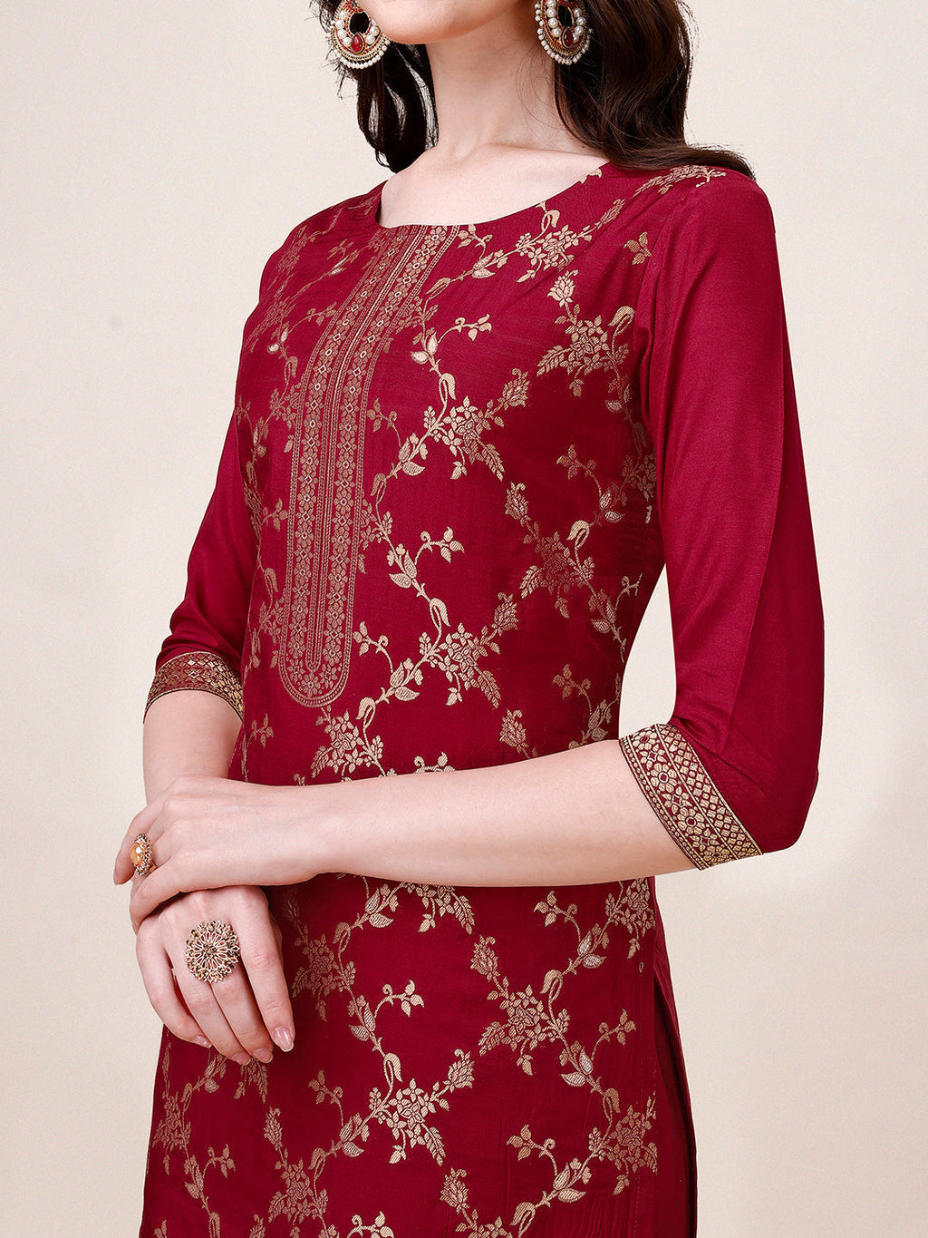Pure Muslin Banarasi Jacquard Premium Kurta Trousers & Dupatta, Multicolor - Hiral Fashion - Distacart