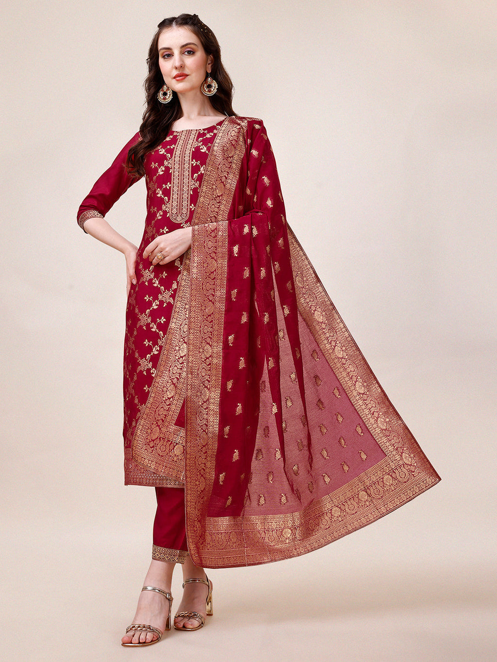 Pure Muslin Banarasi Jacquard Premium Kurta Trousers & Dupatta, Multicolor - Hiral Fashion - Distacart