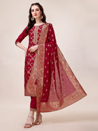 Pure Muslin Banarasi Jacquard Premium Kurta Trousers & Dupatta, Multicolor - Hiral Fashion - Distacart