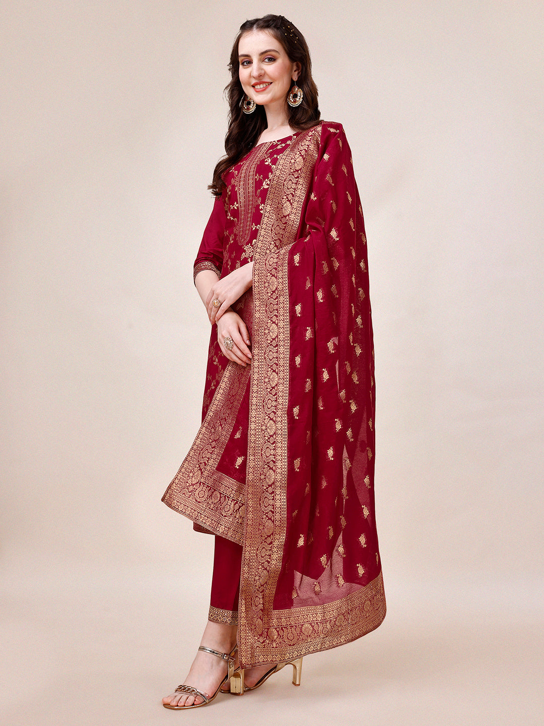 Pure Muslin Banarasi Jacquard Premium Kurta Trousers & Dupatta, Multicolor - Hiral Fashion - Distacart