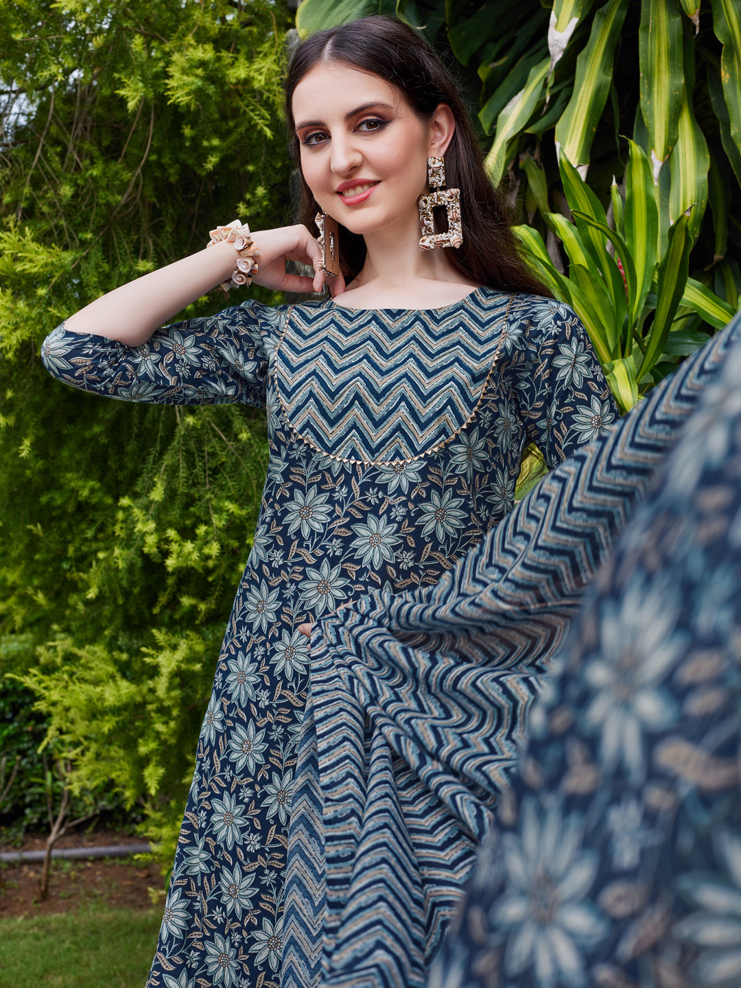 Floral Printed Kurta With Pant & Dupatta Set, Multicolor - Hiral Fashion - Distacart