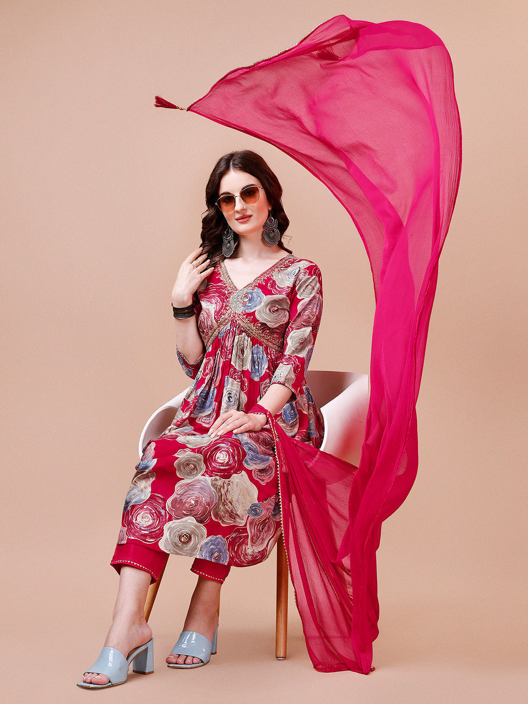 Alia Cut Floral Printed & Embroidered Rayon Kurta With Pant & Dupatta, Multicolor - Hiral Fashion - Distacart