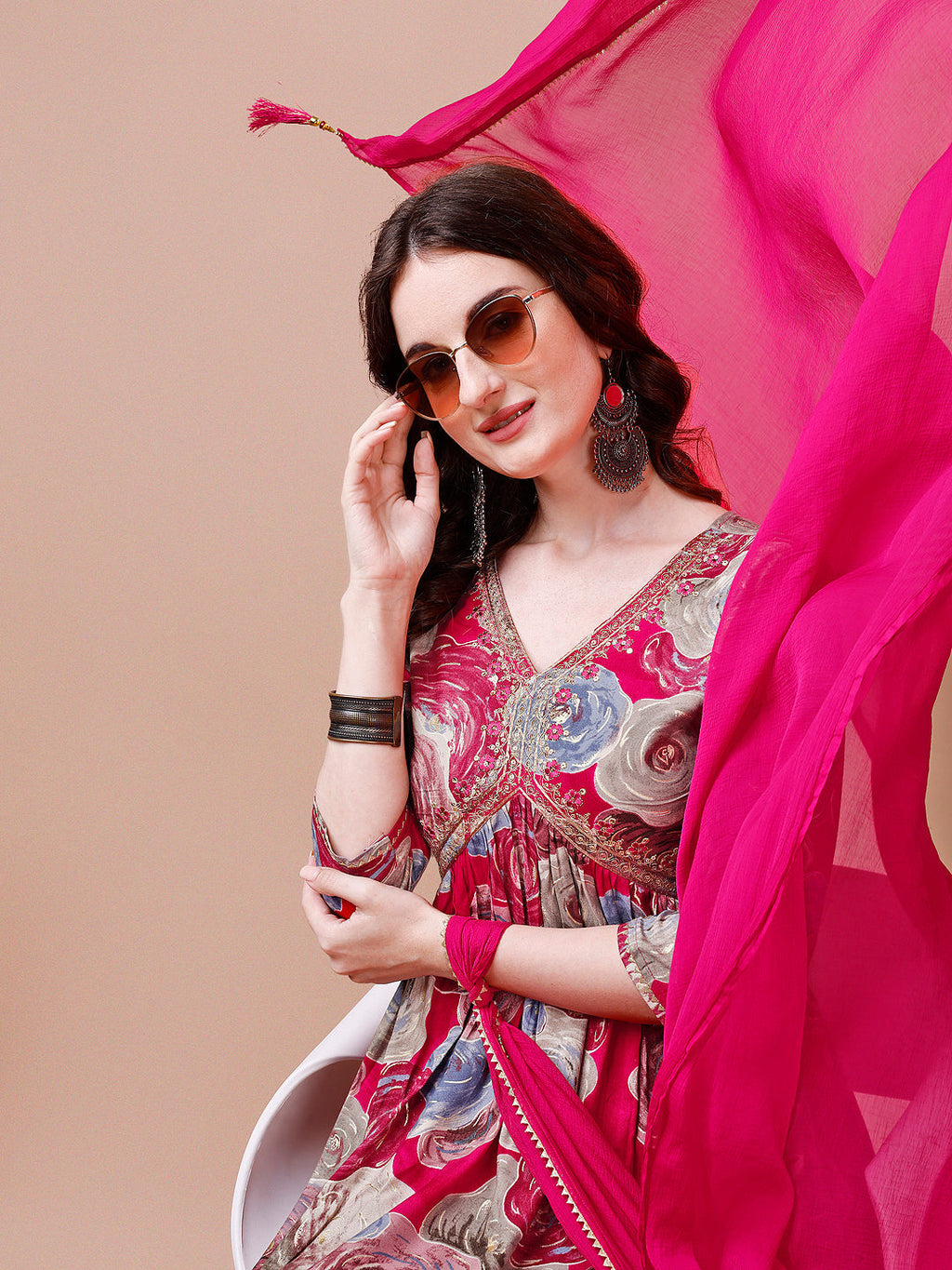 Alia Cut Floral Printed & Embroidered Rayon Kurta With Pant & Dupatta, Multicolor - Hiral Fashion - Distacart