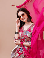 Alia Cut Floral Printed & Embroidered Rayon Kurta With Pant & Dupatta, Multicolor - Hiral Fashion - Distacart