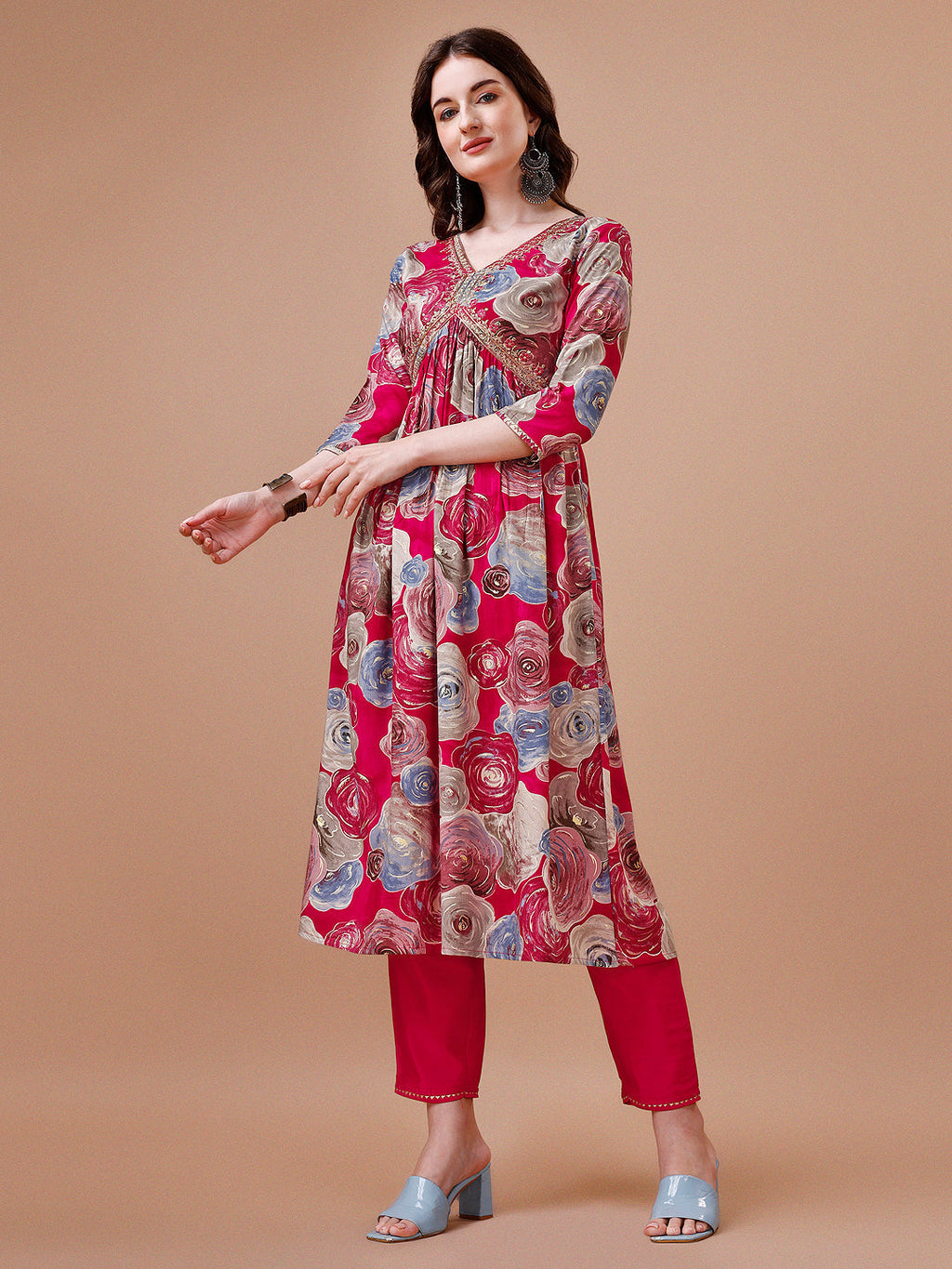Alia Cut Floral Printed & Embroidered Rayon Kurta With Pant & Dupatta, Multicolor - Hiral Fashion - Distacart