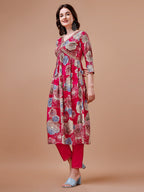 Alia Cut Floral Printed & Embroidered Rayon Kurta With Pant & Dupatta, Multicolor - Hiral Fashion - Distacart