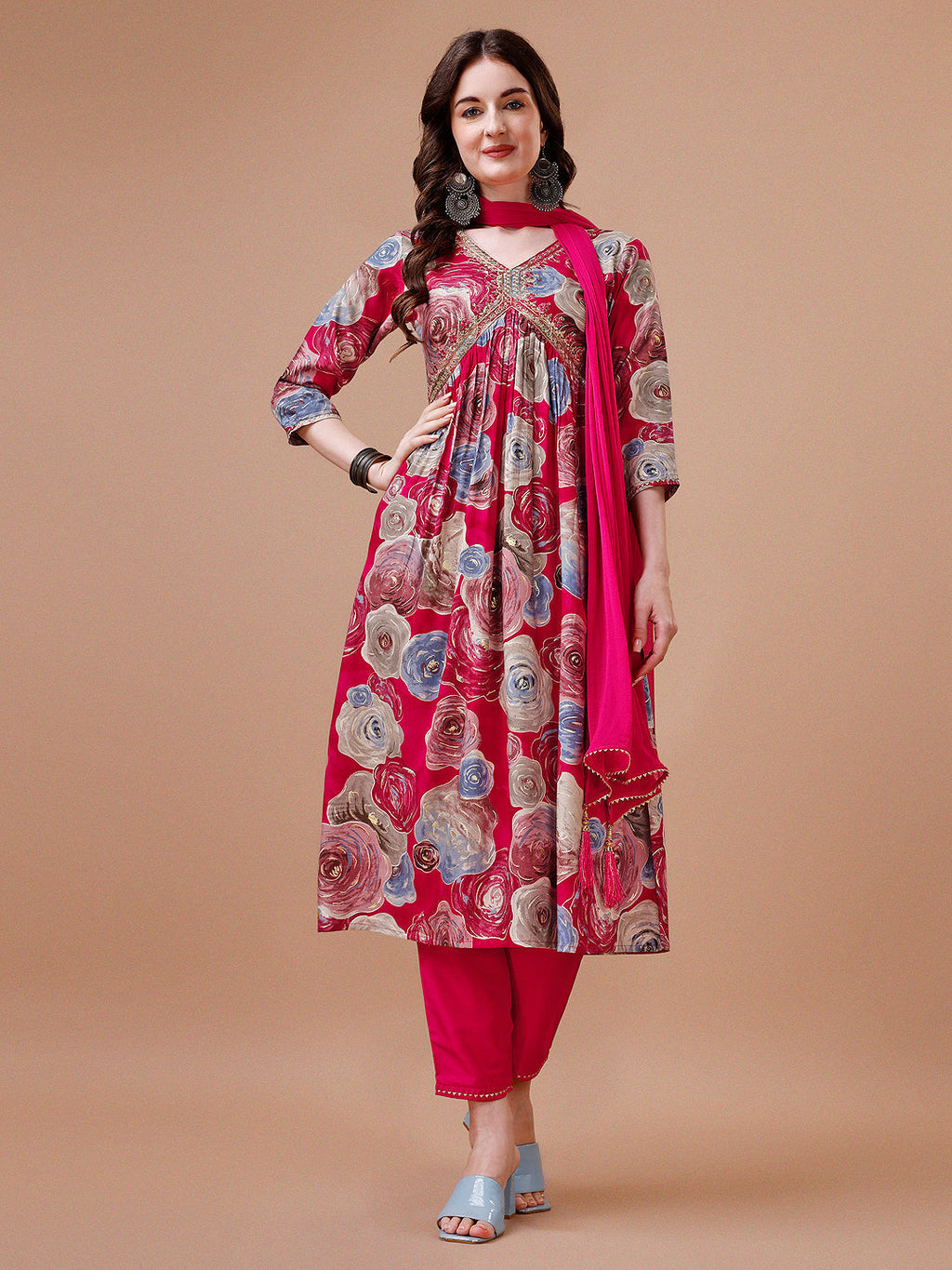 Alia Cut Floral Printed & Embroidered Rayon Kurta With Pant & Dupatta, Multicolor - Hiral Fashion - Distacart