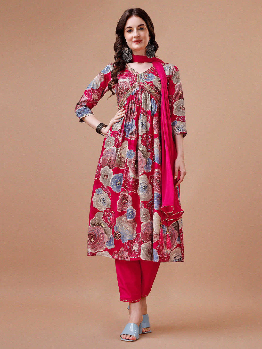 Alia Cut Floral Printed & Embroidered Rayon Kurta With Pant & Dupatta, Multicolor - Hiral Fashion - Distacart