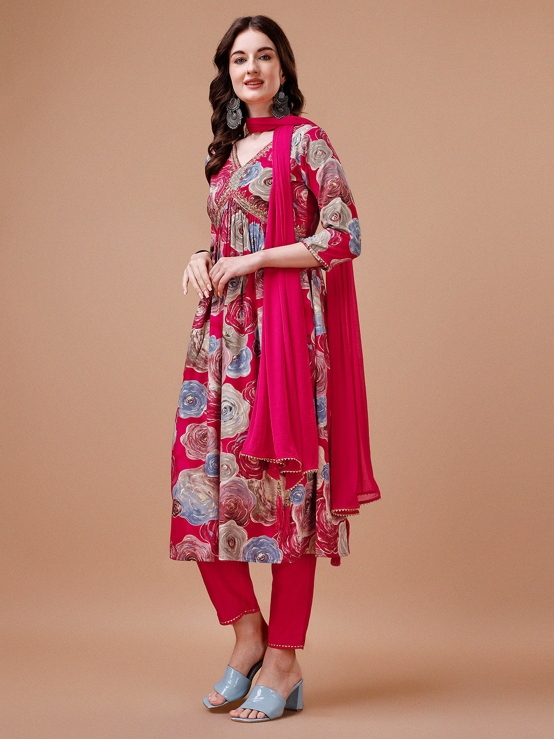 Alia Cut Floral Printed & Embroidered Rayon Kurta With Pant & Dupatta, Multicolor - Hiral Fashion - Distacart