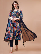 Alia Cut Floral Printed & Embroidered Rayon Kurta With Pant & Dupatta, Multicolor - Hiral Fashion - Distacart