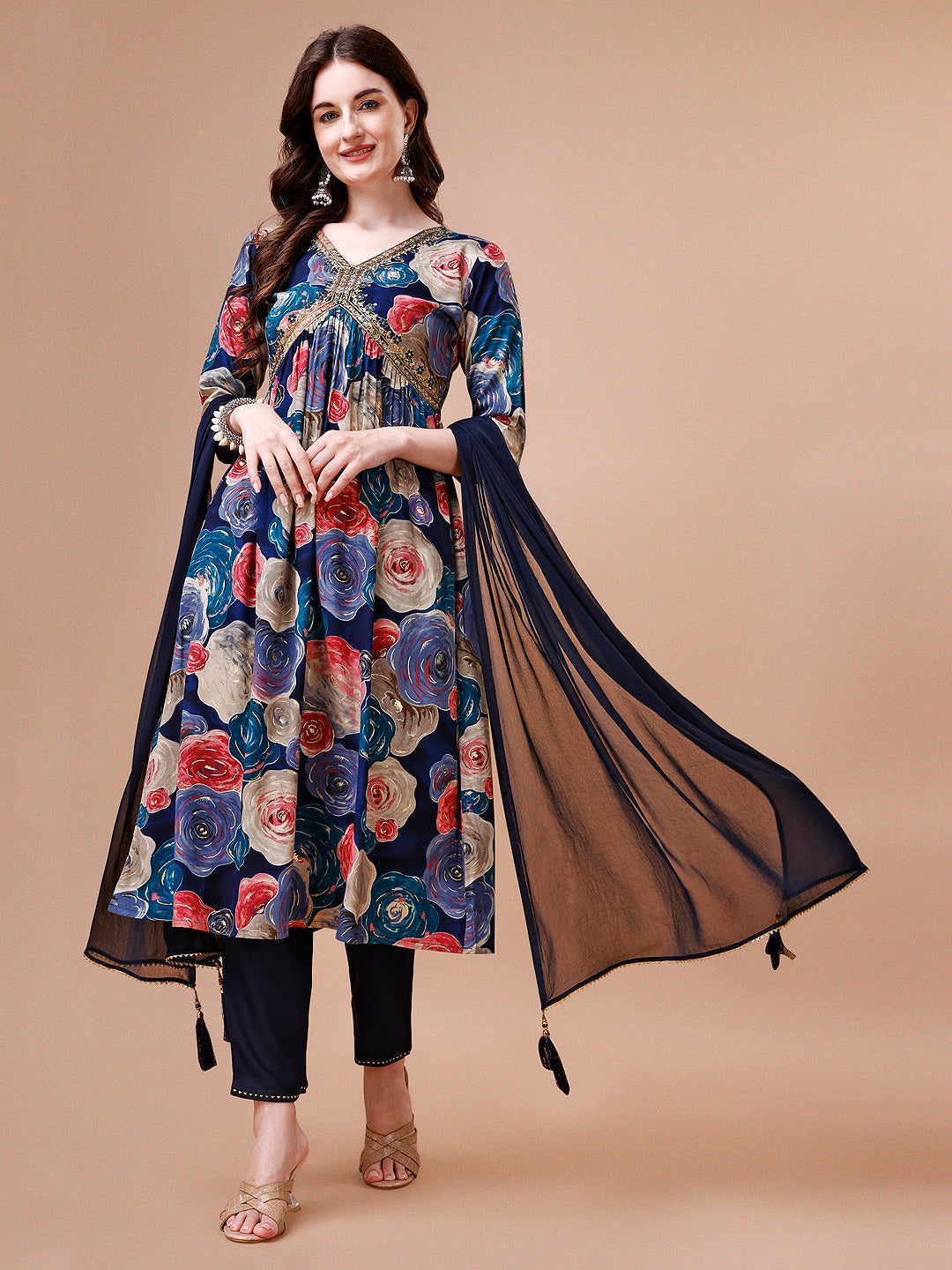 Alia Cut Floral Printed & Embroidered Rayon Kurta With Pant & Dupatta, Multicolor - Hiral Fashion - Distacart