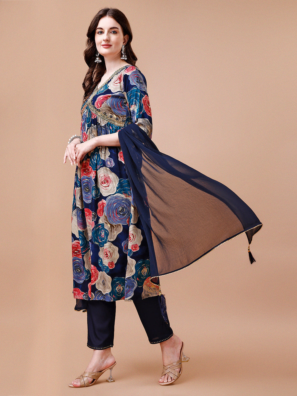 Alia Cut Floral Printed & Embroidered Rayon Kurta With Pant & Dupatta, Multicolor - Hiral Fashion - Distacart