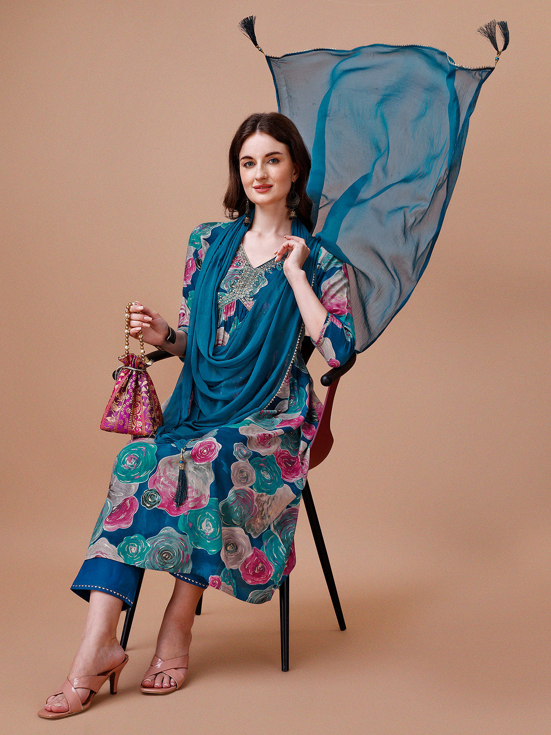 Alia Cut Floral Printed & Embroidered Rayon Kurta With Pant & Dupatta, Multicolor - Hiral Fashion - Distacart