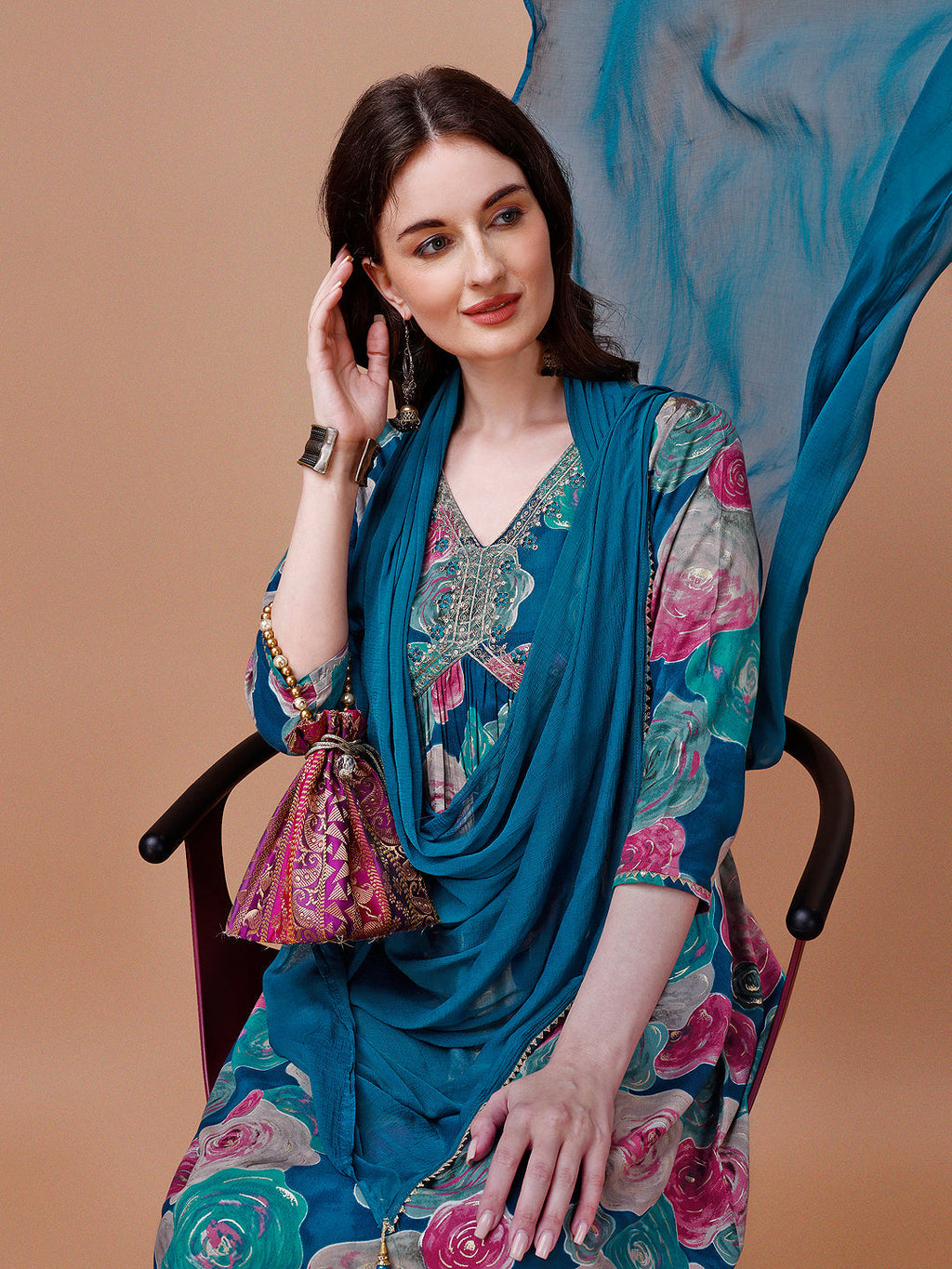 Alia Cut Floral Printed & Embroidered Rayon Kurta With Pant & Dupatta, Multicolor - Hiral Fashion - Distacart