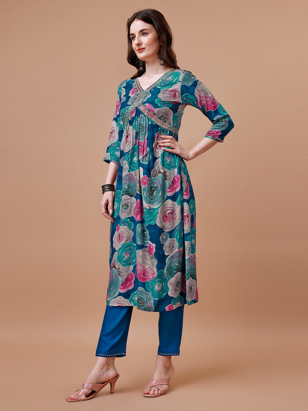 Alia Cut Floral Printed & Embroidered Rayon Kurta With Pant & Dupatta, Multicolor - Hiral Fashion - Distacart