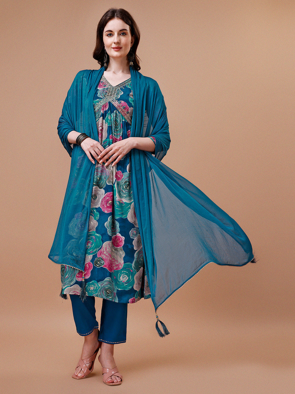Alia Cut Floral Printed & Embroidered Rayon Kurta With Pant & Dupatta, Multicolor - Hiral Fashion - Distacart