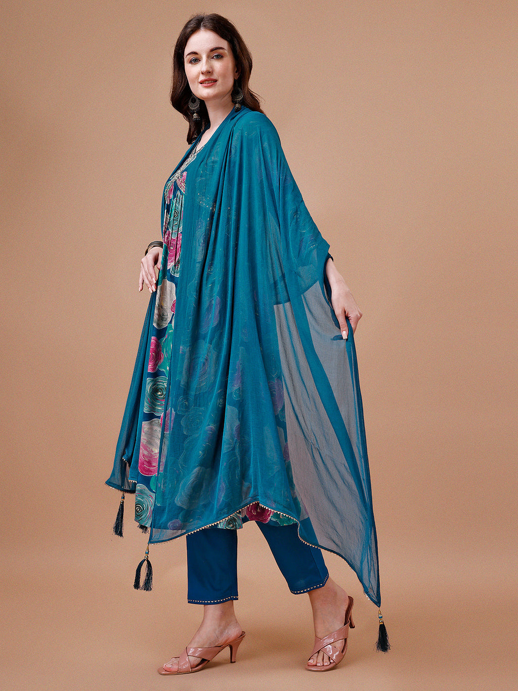 Alia Cut Floral Printed & Embroidered Rayon Kurta With Pant & Dupatta, Multicolor - Hiral Fashion - Distacart