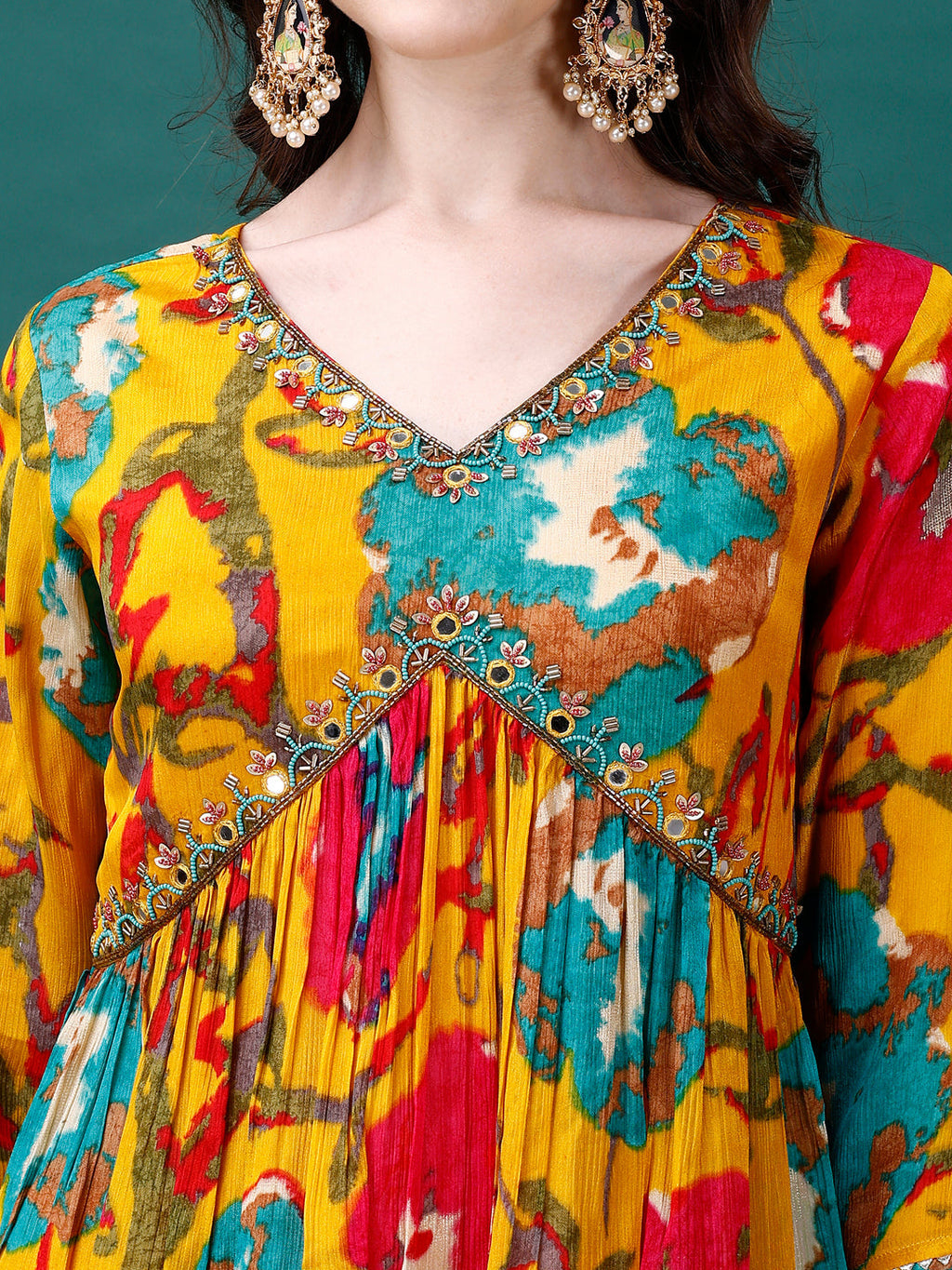 Alia Cut Hand Embroidered & Printed Pure Chinon Kurta With Pant & Dupatta, Multicolor - Hiral Fashion - Distacart