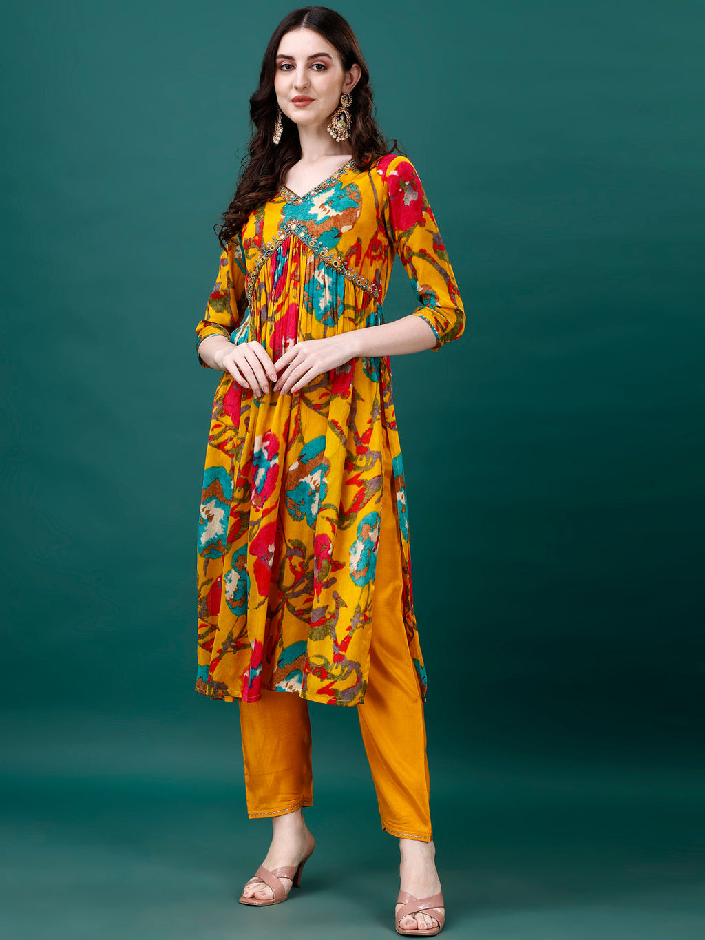 Alia Cut Hand Embroidered & Printed Pure Chinon Kurta With Pant & Dupatta, Multicolor - Hiral Fashion - Distacart