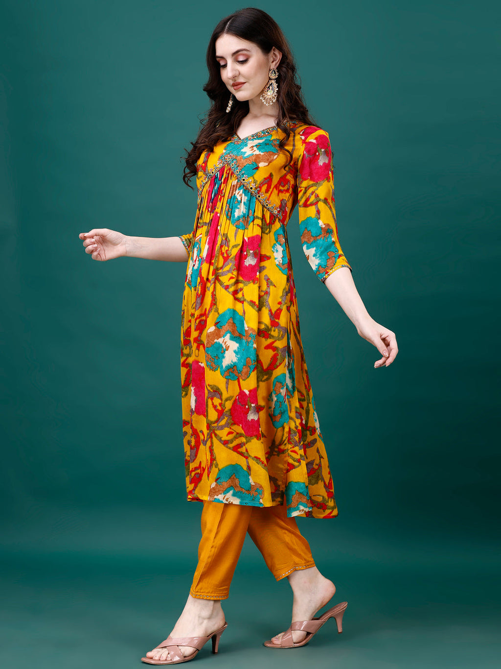 Alia Cut Hand Embroidered & Printed Pure Chinon Kurta With Pant & Dupatta, Multicolor - Hiral Fashion - Distacart